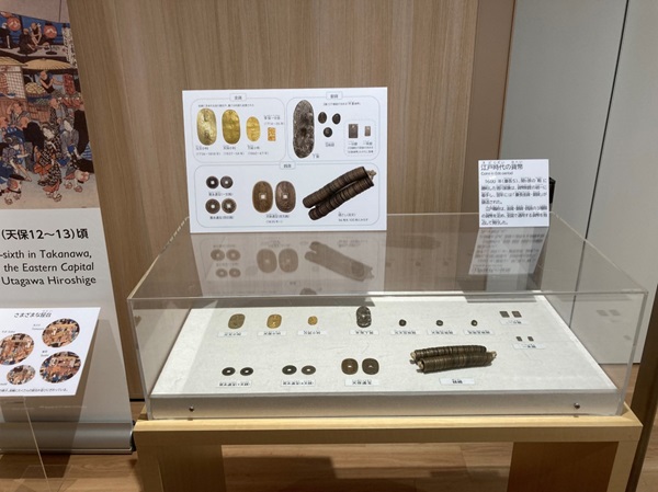 展示ケースに江戸時代の貨幣（実物）が展示されている様子